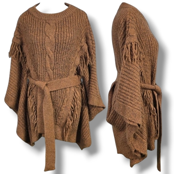 DAVID & DANI | CABLE KNIT BELTED BAT WING FRINGED SWEATER - Picture 2 of 16